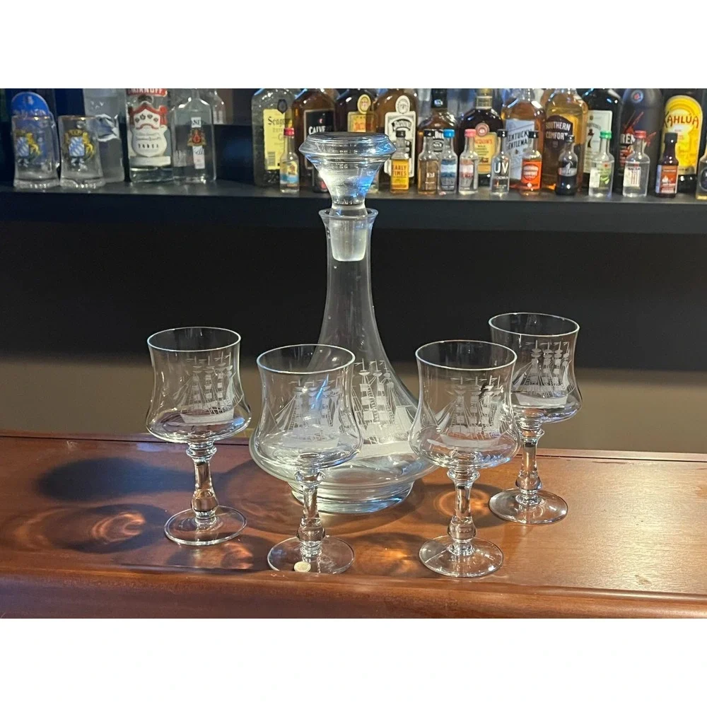Vintage Leonard Crystal Romania‎ Wine Glasses and Decanter. Queen's Award